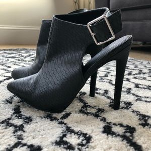 3” black ankle strapped backless booties